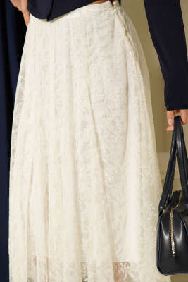 Asimetrik Çiçekli Tül Midi Etek Ekru - Kadın Giyim Modelleri