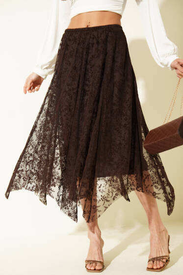 Asimetrik Çiçekli Tül Midi Etek Kahve - Kadın Giyim Modelleri