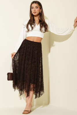 Asimetrik Çiçekli Tül Midi Etek Kahve - Kadın Giyim Modelleri