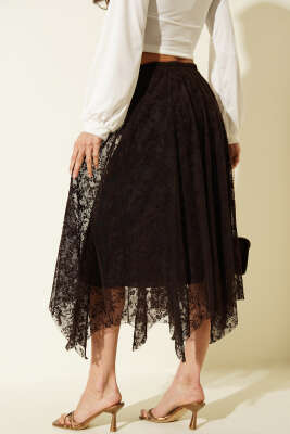 Asimetrik Çiçekli Tül Midi Etek Kahve - Kadın Giyim Modelleri