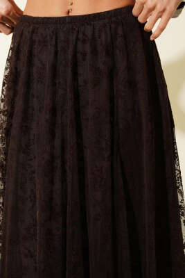 Asimetrik Çiçekli Tül Midi Etek Kahve - Kadın Giyim Modelleri