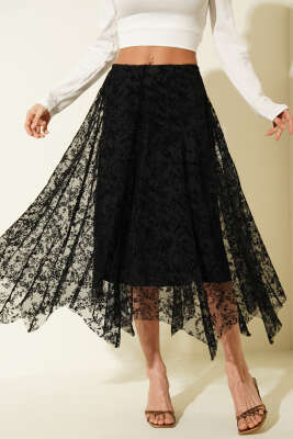 Asimetrik Çiçekli Tül Midi Etek Siyah - FİXAY