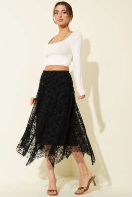 Asimetrik Çiçekli Tül Midi Etek Siyah - Kadın Giyim Modelleri