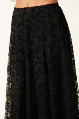 Asimetrik Çiçekli Tül Midi Etek Siyah - Kadın Giyim Modelleri