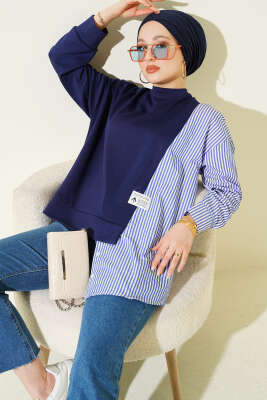 Asimetrik Çizgi Gömlek Garnili Tunik Lacivert - DİVON