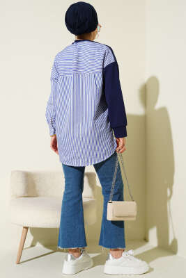 Asimetrik Çizgi Gömlek Garnili Tunik Lacivert - Tunik