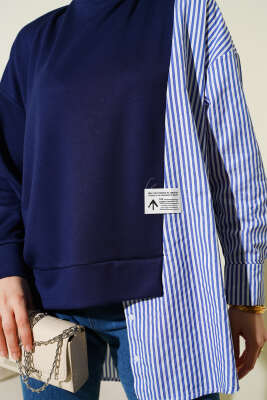 Asimetrik Çizgi Gömlek Garnili Tunik Lacivert - Tunik