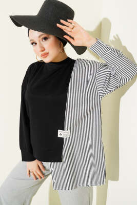 Asimetrik Çizgi Gömlek Garnili Tunik Siyah - DİVON