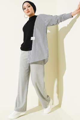 Asimetrik Çizgi Gömlek Garnili Tunik Siyah - Tunik