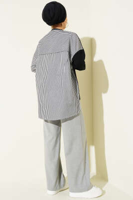 Asimetrik Çizgi Gömlek Garnili Tunik Siyah - Tunik