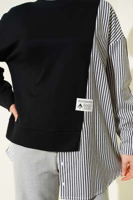 Asimetrik Çizgi Gömlek Garnili Tunik Siyah - Tunik