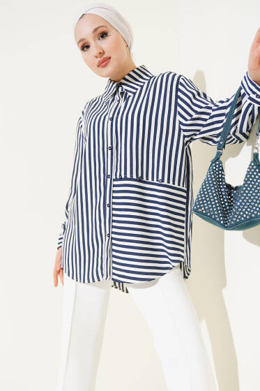 Asimetrik Çizgili Düğmeli Gömlek Lacivert - Gömlek