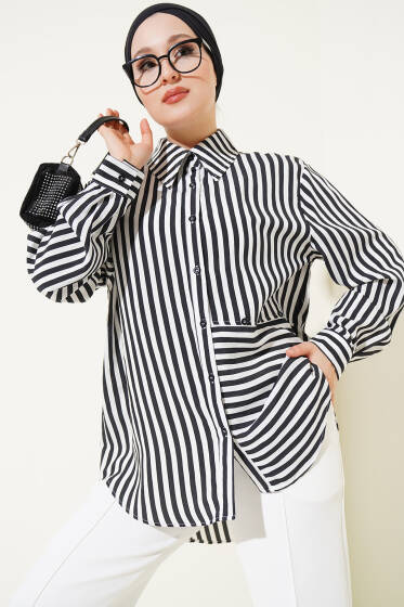 Asimetrik Çizgili Düğmeli Gömlek Siyah - Gömlek