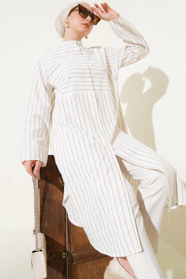 Asimetrik Çizgili Uzun Keten Gömlek Kahve - Gömlek