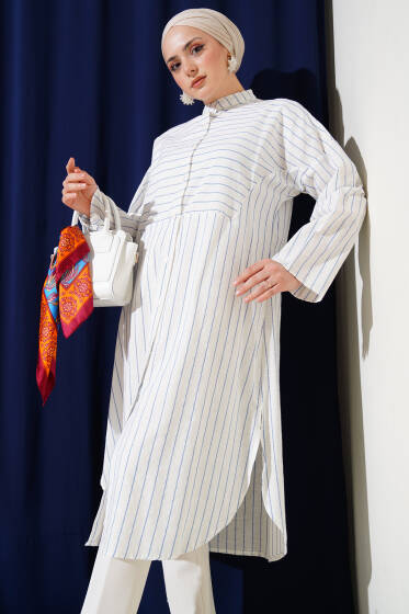 Asimetrik Çizgili Uzun Keten Gömlek Mavi - Gömlek