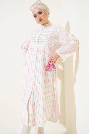 Asimetrik Çizgili Uzun Keten Gömlek Pembe - Gömlek