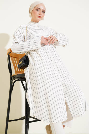 Asimetrik Çizgili Uzun Keten Gömlek Siyah - Gömlek