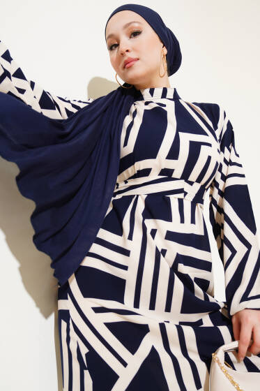 Asimetrik Çizgili Volanlı Viskon Elbise Lacivert - Elbise