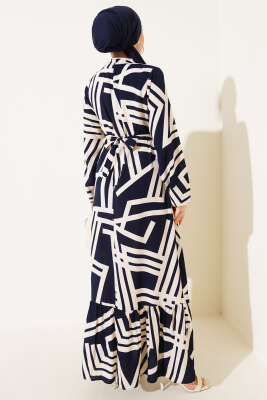 Asimetrik Çizgili Volanlı Viskon Elbise Lacivert - Tesettür Elbise