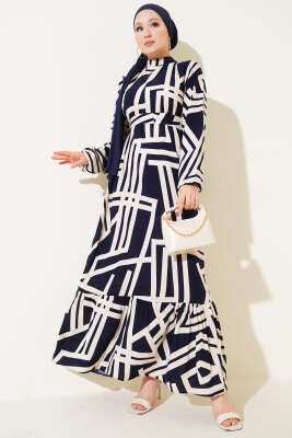 Asimetrik Çizgili Volanlı Viskon Elbise Lacivert - Tesettür Elbise