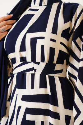 Asimetrik Çizgili Volanlı Viskon Elbise Lacivert - Tesettür Elbise