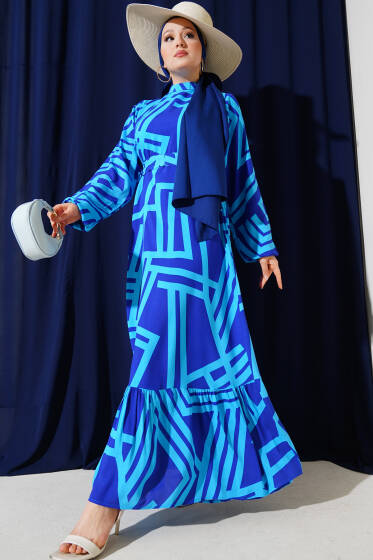 Asimetrik Çizgili Volanlı Viskon Elbise Mavi - Elbise