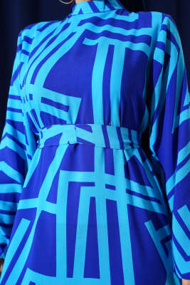 Asimetrik Çizgili Volanlı Viskon Elbise Mavi - Tesettür Elbise