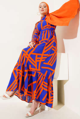 Asimetrik Çizgili Volanlı Viskon Elbise Oranj