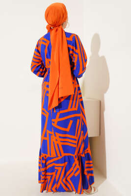 Asimetrik Çizgili Volanlı Viskon Elbise Oranj - Tesettür Elbise