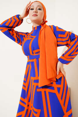 Asimetrik Çizgili Volanlı Viskon Elbise Oranj - Tesettür Elbise