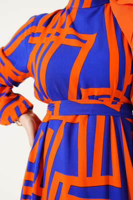 Asimetrik Çizgili Volanlı Viskon Elbise Oranj - Tesettür Elbise