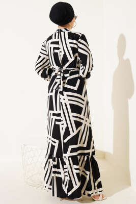 Asimetrik Çizgili Volanlı Viskon Elbise Siyah - Tesettür Elbise