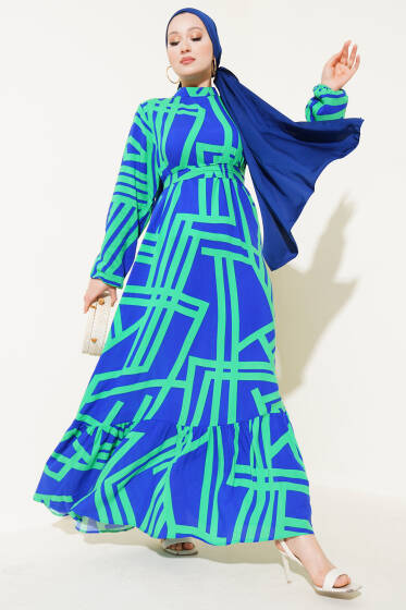 Asimetrik Çizgili Volanlı Viskon Elbise Yeşil - Elbise