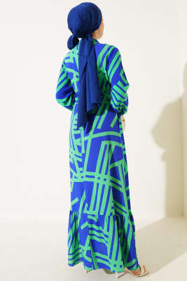 Asimetrik Çizgili Volanlı Viskon Elbise Yeşil - Tesettür Elbise