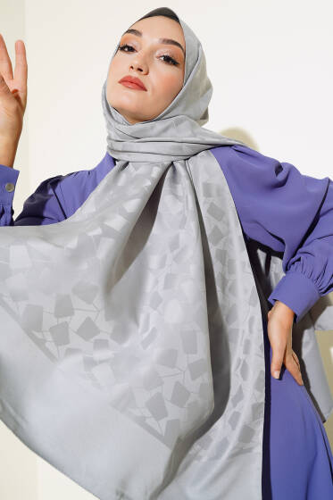 Asimetrik Desen Jakar Şal Gri - 63 - Başörtüsü
