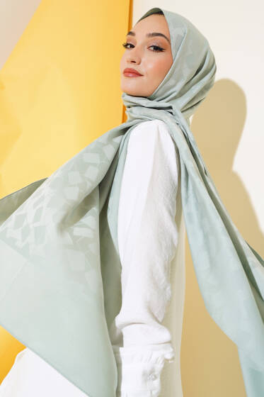 Asimetrik Desen Jakar Şal Mint Yeşili - 87 - Başörtüsü