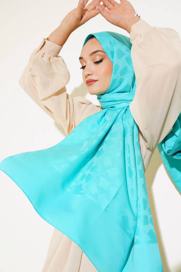 Asimetrik Desen Jakar Şal Turkuaz - 118 - Başörtüsü