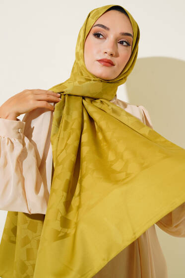 Asimetrik Desen Jakar Şal Yağ Yeşili - 44 - Başörtüsü