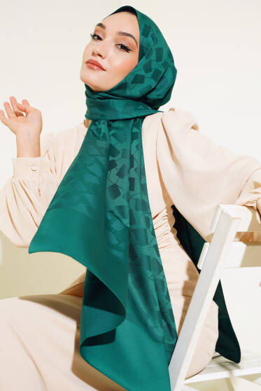 Asimetrik Desen Jakar Şal Zümrüt Yeşili - 78 - Başörtüsü