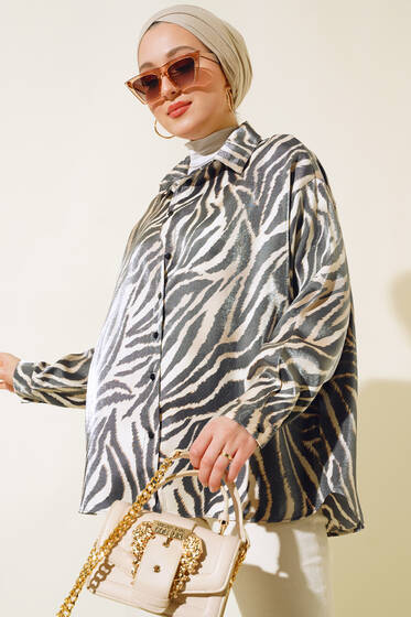 Asimetrik Desen Saten Gömlek Füme - Gömlek