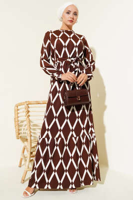 Asimetrik Desenli Kuşaklı Elbise Kahve - Tesettür Elbise