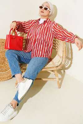 Asimetrik Dik Çizgili Gömlek Kırmızı - Gömlek