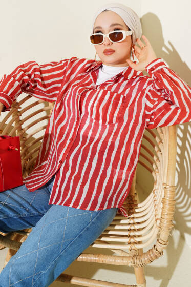 Asimetrik Dik Çizgili Gömlek Kırmızı - Gömlek