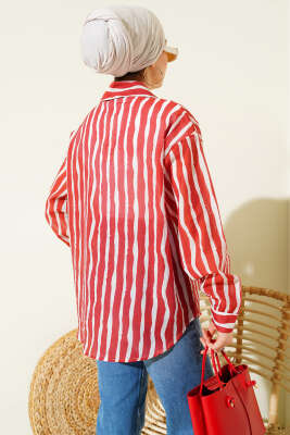 Asimetrik Dik Çizgili Gömlek Kırmızı - Gömlek