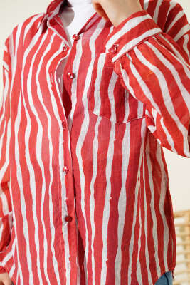 Asimetrik Dik Çizgili Gömlek Kırmızı - Gömlek