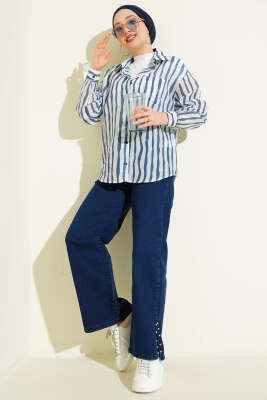 Asimetrik Dik Çizgili Gömlek Lacivert - Gömlek