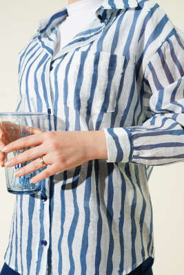 Asimetrik Dik Çizgili Gömlek Lacivert - Gömlek