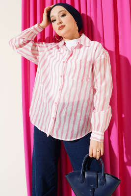 Asimetrik Dik Çizgili Gömlek Pembe - REYON