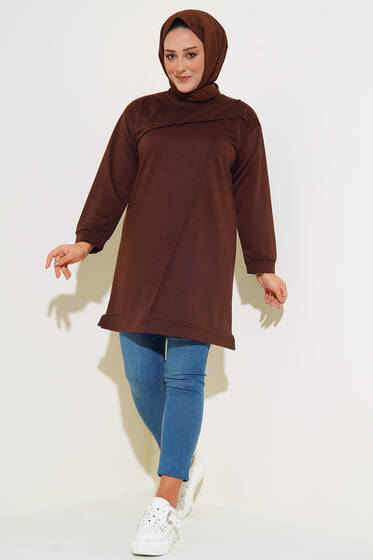 Asimetrik Dikiş Detaylı Büyük Beden Tunik Kahve - Tunik