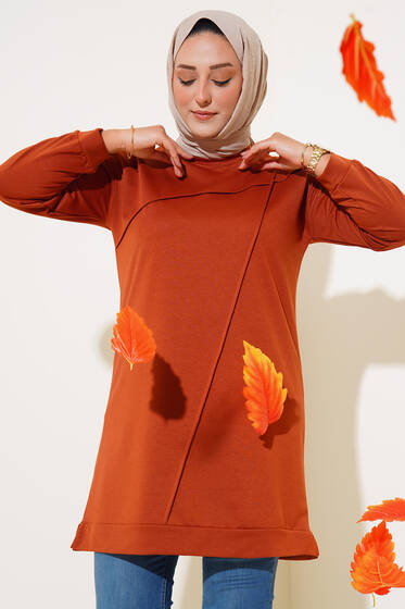 Asimetrik Dikiş Detaylı Büyük Beden Tunik Kiremit - Tunik